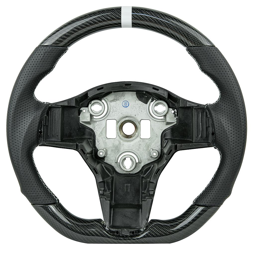 Volant en carbone/cuir Tesla Model 3, surpiqûres argent, affichage blanc