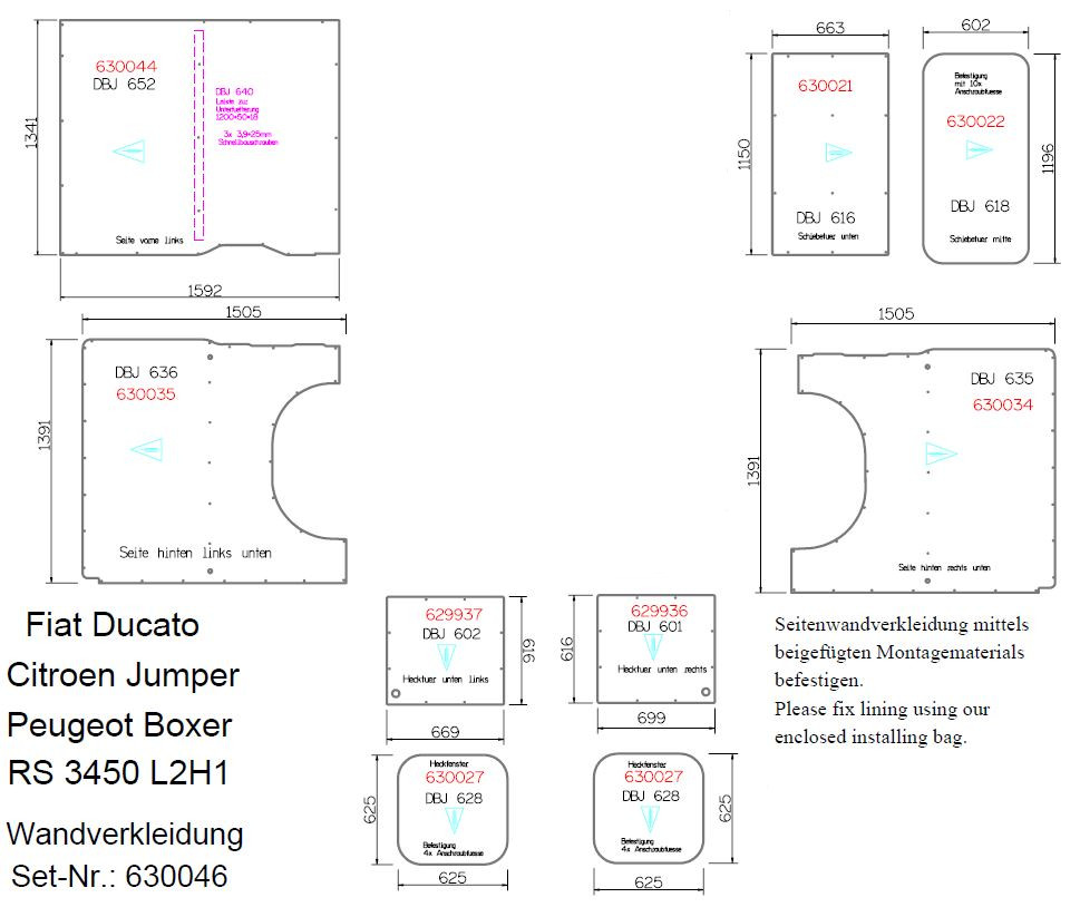 Pannelli laterali, L2 H1 Jumper / Boxer / Ducato 2006- / 11-pezzi