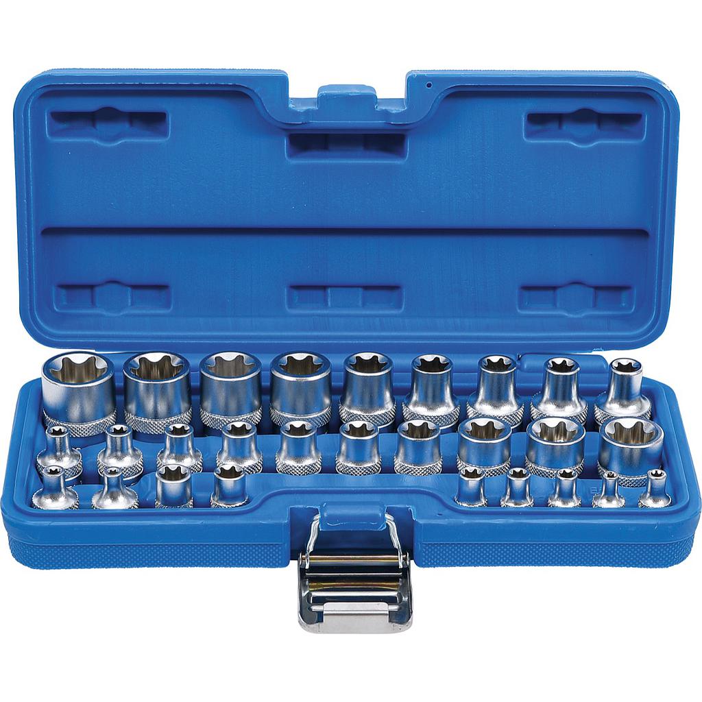 Steckschlüssel-Einsatz-Satz E-Profil | Antrieb Innenvierkant 6,3 mm (1/4&quot;) / 12,5 mm (1/2&quot;) | SW E4 - E24 | 28-tlg.